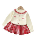 Girls' sweater set: new korean style, chic bow detail, fresh plaid mini skirt two-piece outfit