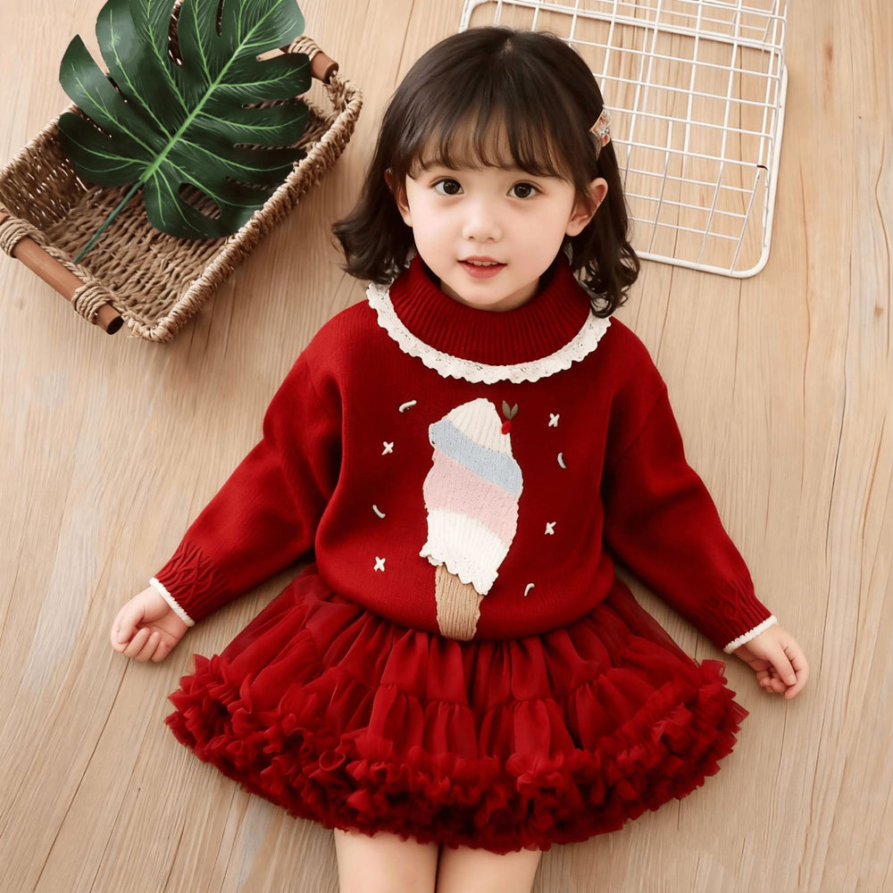 Girls' knit sweater set - new autumn/winter  collection: chic baby pullover with lace collar, long-sleeved base layer knitwear