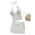 Women's summer new sexy vacation textured halter top and solid color midi skirt two-piece set