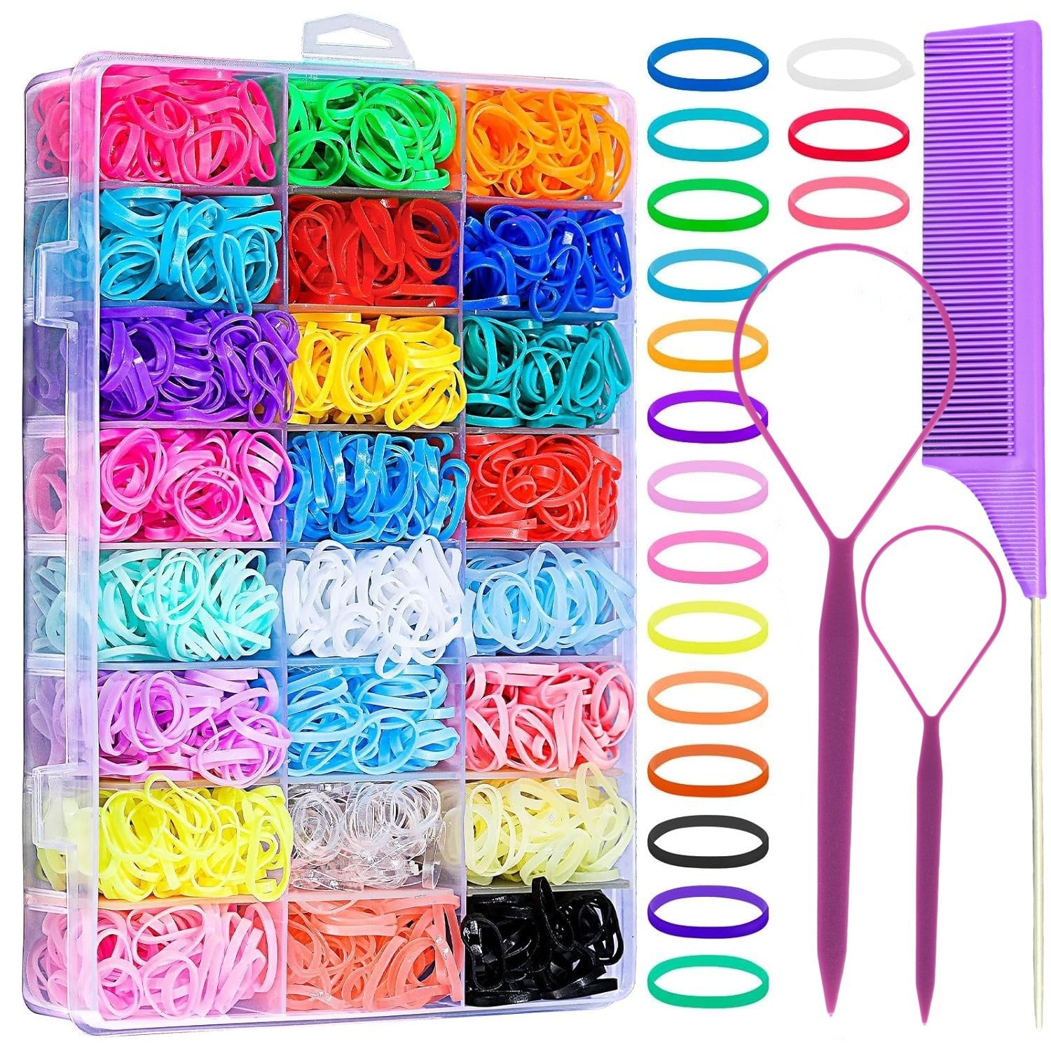 Cross-border special for children's rubber bands, colored hair ropes, 24/28/32-color boxed head ropes, hair pulling needles, pointed tail combs