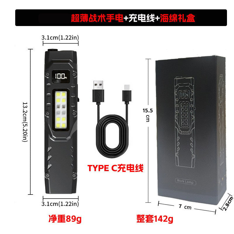 Cross-border new three-light source tactical flashlight USB charging screen display multi-function ultra-thin portable outdoor flashlight