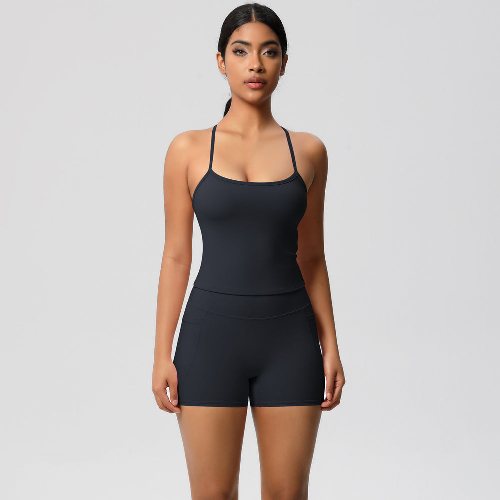 Cloud-feel, brushed, quick-dry yoga set: tank top with racerback, butt-lifting shorts, and pockets - perfect for running and fitness
