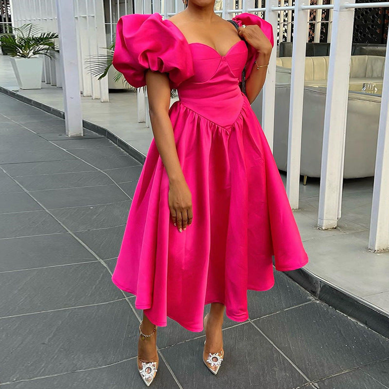 European and american export women's clothing  summer new fashion square neck puff sleeve solid color cinched waist midi dress