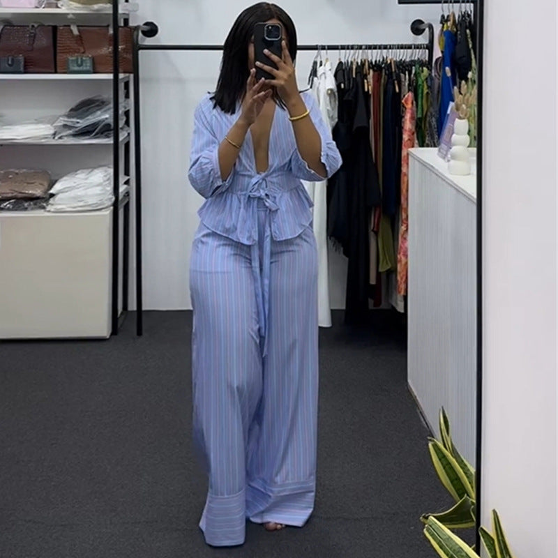 European and american cross-border women's fashion  summer new sweet v-neck striped tie-up shirt wide-leg pants casual set