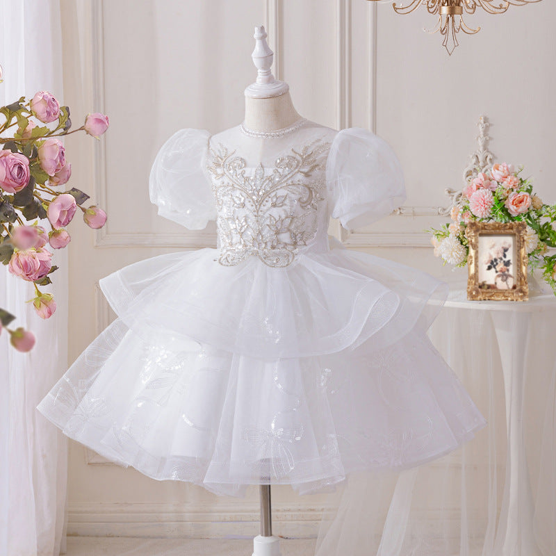 Girls' dresses flower girl wedding dresses tulle skirts children's day performance costumes hostess piano recital mid-length kids' princess dresses