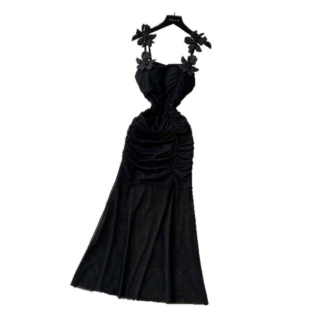 Pure desire style suspender pleated mesh sleeveless dress women's summer flower decoration waist slimmingelegant long dress