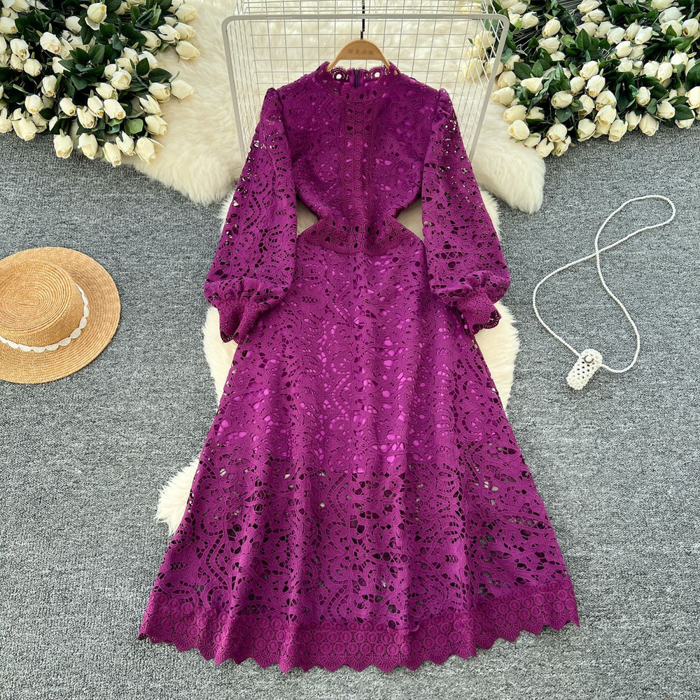 Classyelegancelacedressnew arrivalcut out crochet waist lantern sleeve long sleeves waist dress