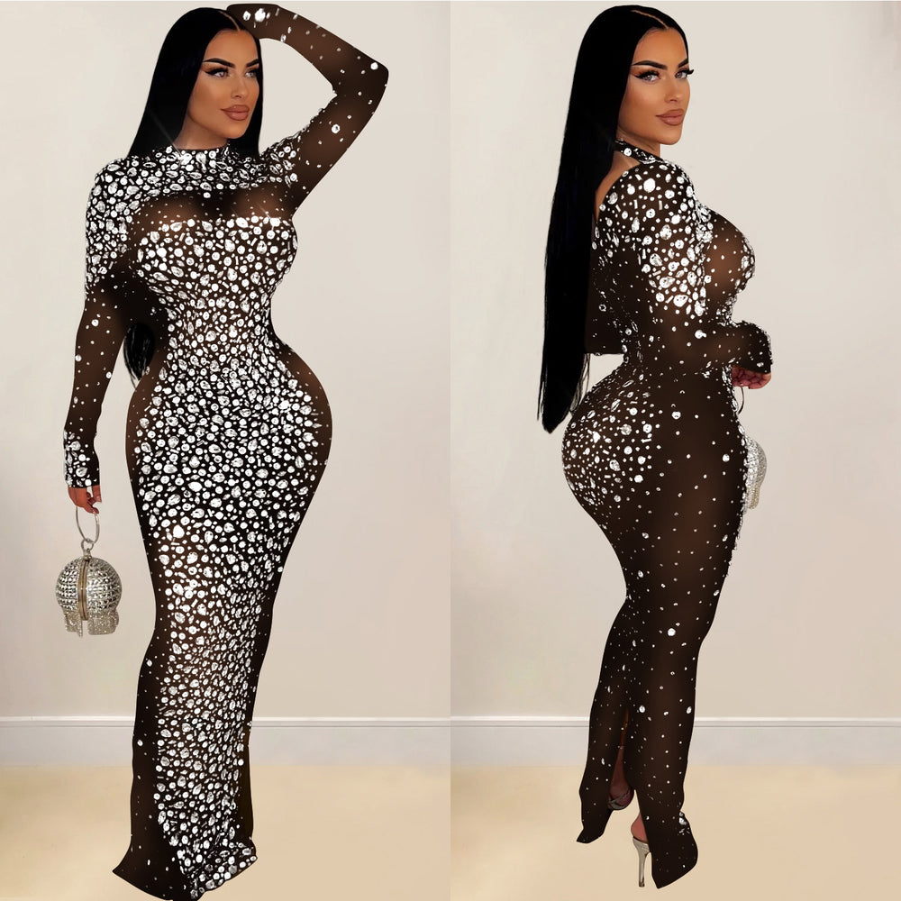 C6890 cross-border   fashion women's solid color mesh rhinestone long sleeve maxi dress