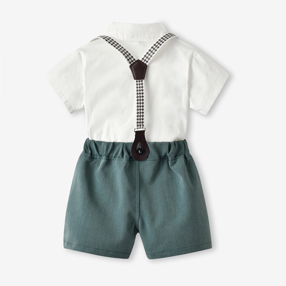 Kids' summer gentleman outfit: baby boy short-sleeve shirt & suspender pants two-piece set, boy's shirt, first birthday dress