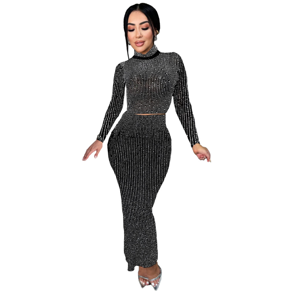 C7093 cross-border   fashion women's hot diamond slimming bag arm long sleeves two-piece skirt new