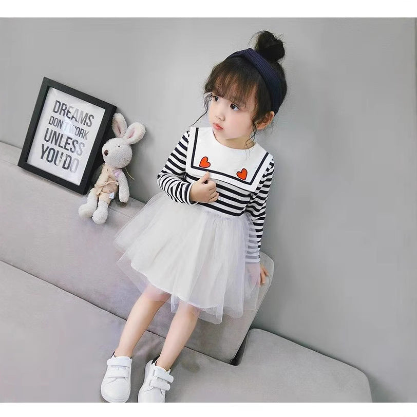 Girls' spring and autumn dress - new children's fashion dress for little girls - kids' baby princess dress - striped tulle skirt