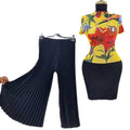 European and american style fashion queen set for women - summer french chic high-end printed top + loose pleated wide-leg pants