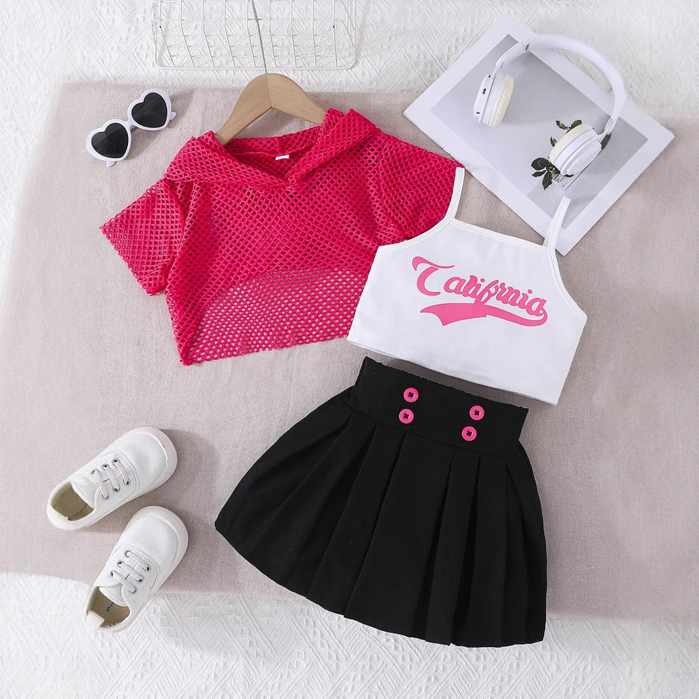 exclusive supply—girl fashion suit pink mesh short-sleeved top + white vest + black pleated skirt