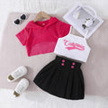 exclusive supply—girl fashion suit pink mesh short-sleeved top + white vest + black pleated skirt