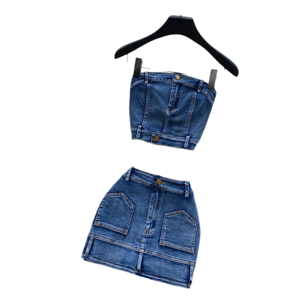 Retro denim casualtwo-piece set women's summer silmtube top vest hip cover skirt slimming lookhot girlsuit