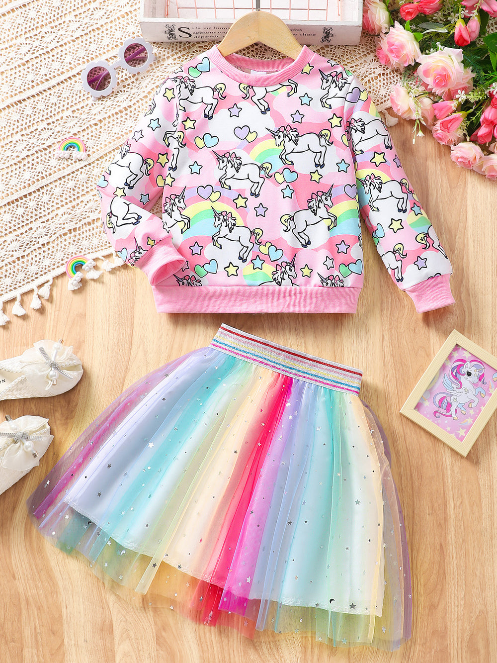 Children's long sleeves round neck sweatshirt + mesh skirt suit