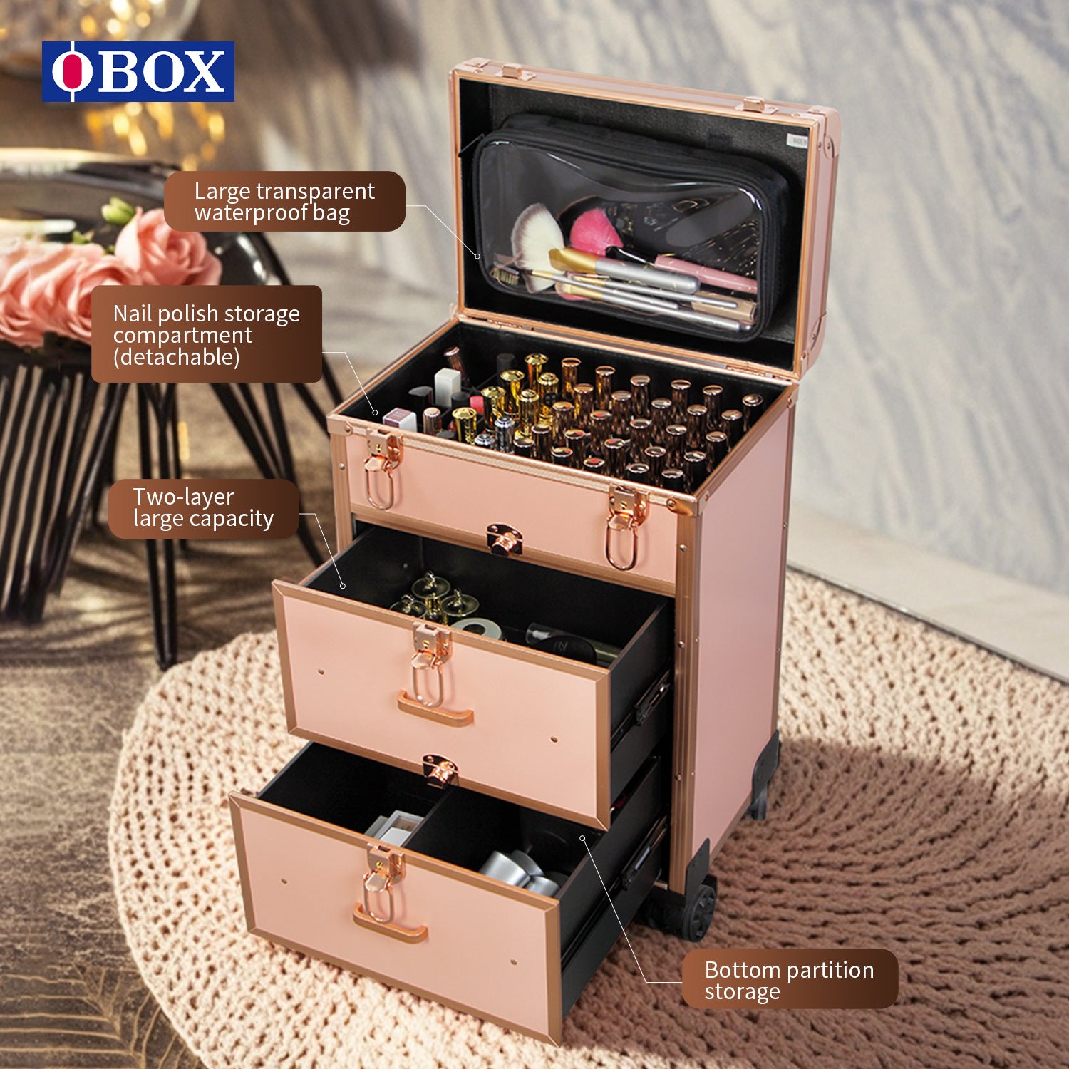 OBOX纹绣美甲收纳箱万向轮拉杆化妆箱多层跟妆工具箱多功能抽屉箱