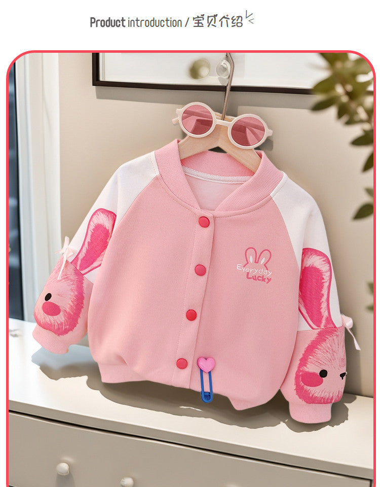 Girls'  korean style spring/autumn lightweight jacket - kids' cartoon baseball jacket, versatile and trendy for little girls