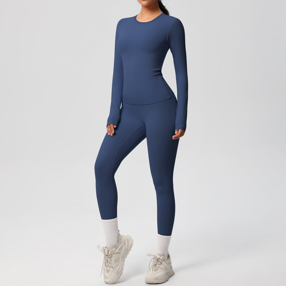 Ready-to-ship cross-border double-sided brushed solid color compression training long sleeve yoga set - activewear running fitness two-piece outfit