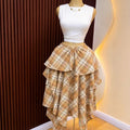 European and american cross-border women's fashion:  summer new arrival - high-waisted tie-waist plaid asymmetrical midi a-line skirt