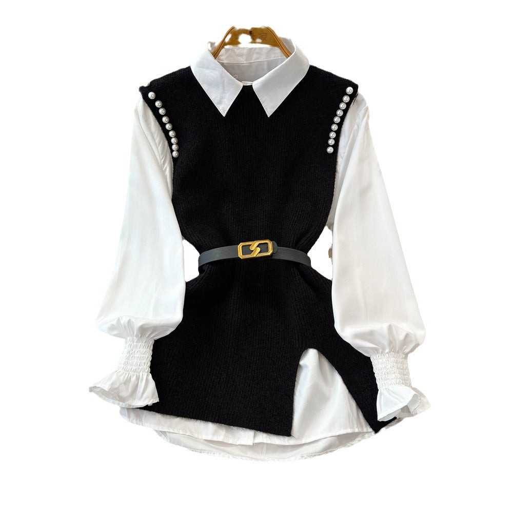 Autum shirt shirt plus knittingvesttwo-piece set female classy sense tweed style foreign style age reduction petitessuit
