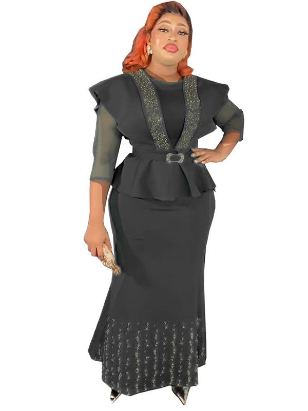 Special offer: african-style cinched waist top with beaded and rhinestone embellished solid color midi skirt - plus size european and american style dress