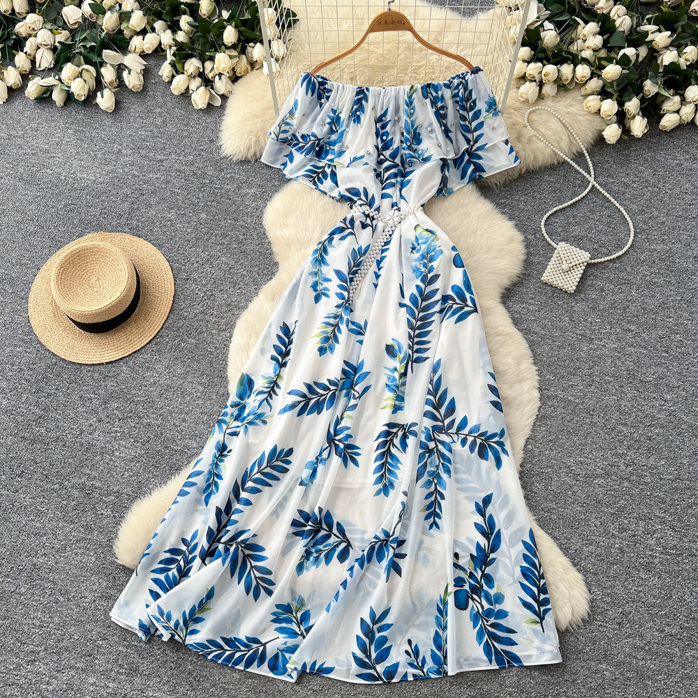 new women's summer sleeveless printed dress with pearl off-the-shoulder neckline, high-waisted a-line skirt, commute-friendly high street style