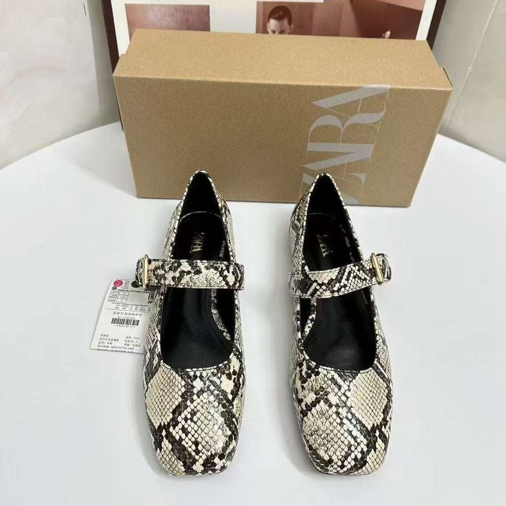 European and american style women's flat shoes - spring new arrivals: fashionable square toe snake print ankle strap mary jane ballet flats