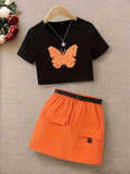 european and american style cross-border children's clothing: printed top + cargo skirt set with belt for older girls