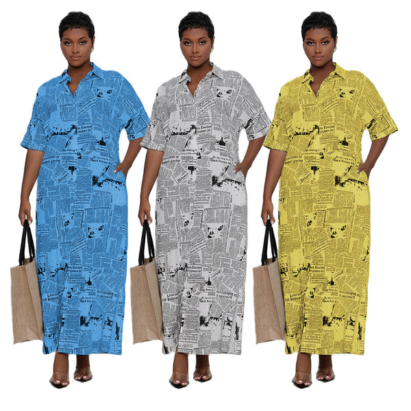 MM2129 European and American  sources Newspaper printing lapel collar short sleeve women's long dress shirt skirt