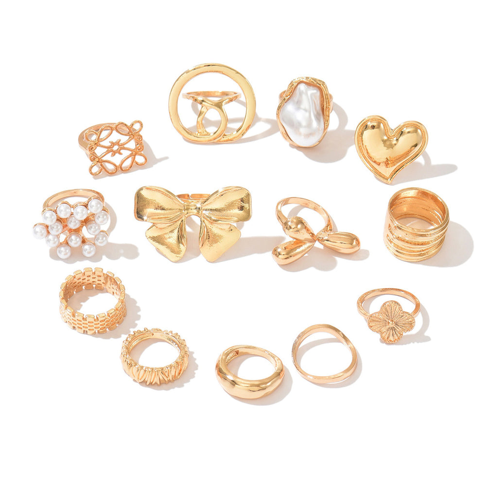 Women's ring set wholesale - european & american cross-border faux pearl jewelry - vintage, light luxury, high-end heart & bowknot finger rings