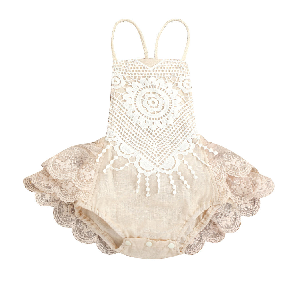 Fashion cross-border exclusive supply of children's clothing, baby one-piece suit, tie back mesh, lace lace, baby triangle romper, summer