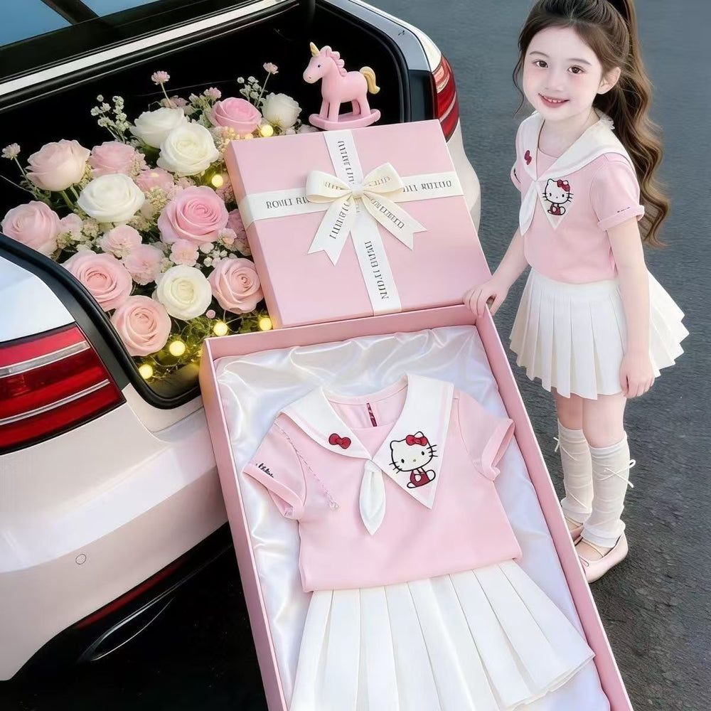 new girls' hello kitty nautical style outfit - summer pink short sleeve pleated skirt two-piece gift set