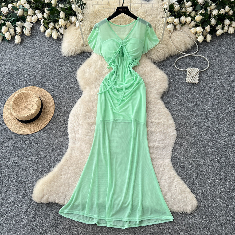 Lightly mature elegance style red short-sleeved dress female summer k-style pleated a-line long skirt work clothingslimming lookelegant skirt