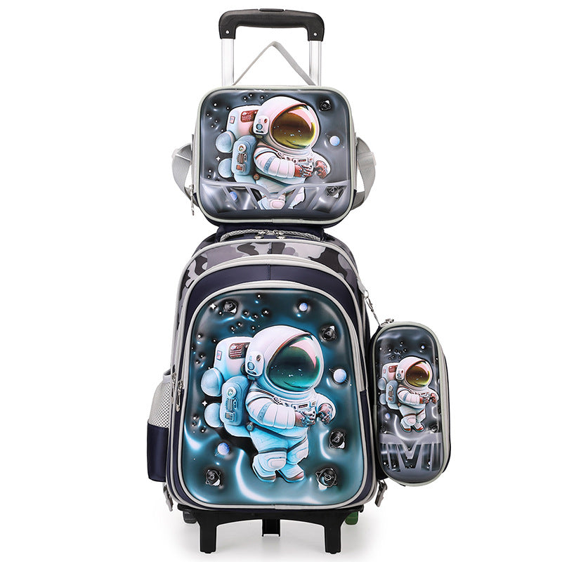New 3d leather elementary school nylon fabric three-piece set kids' trolley backpack foreign trade lunch bag factory in stock