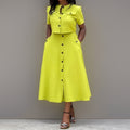cross-border e-commerce european and american women's clothing: new summer collection - solid color commute style short-sleeve single-breasted long dress set