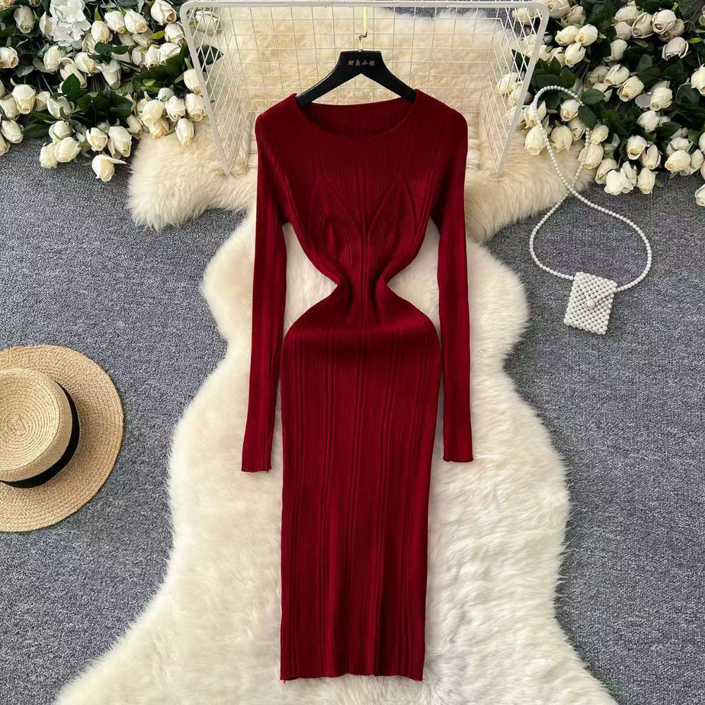 European and american style minimalist sexy ribbed bodycon knit dress - autumn solid color basic skirt - pencil skirt for women