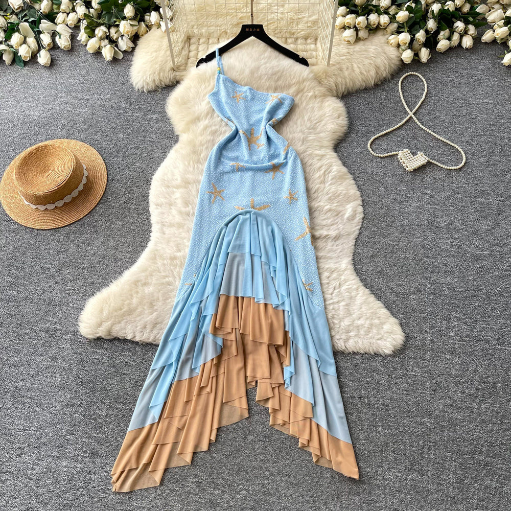 Vacation style slanted shoulder suspender dress for women summer blue sea star gradient asymmetrical fishtail skirt accessible luxury