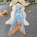 Vacation style slanted shoulder suspender dress for women summer blue sea star gradient asymmetrical fishtail skirt accessible luxury