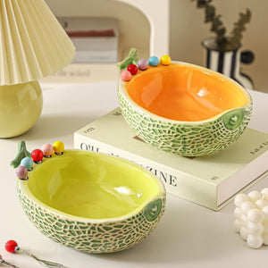 High-style cantaloupe ceramic fruit platter and fork set, perfect for home use. includes fruit picks, dessert forks, and a storage bowl, ideal for the living room coffee table