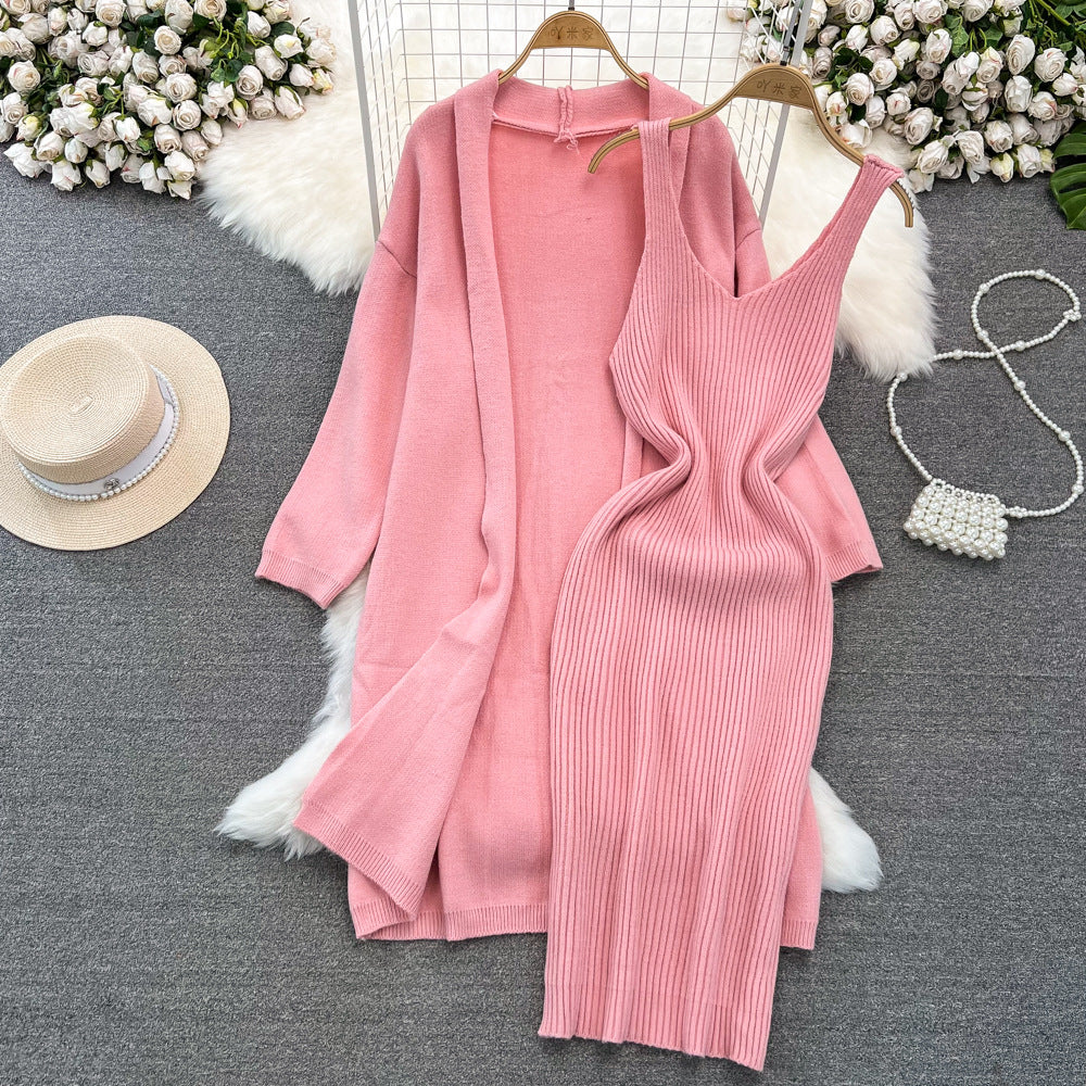 Soft and lazy style easiest for matchloose medium longknittingsweateroutweartwo-piece setv neck vest hip-covering dress