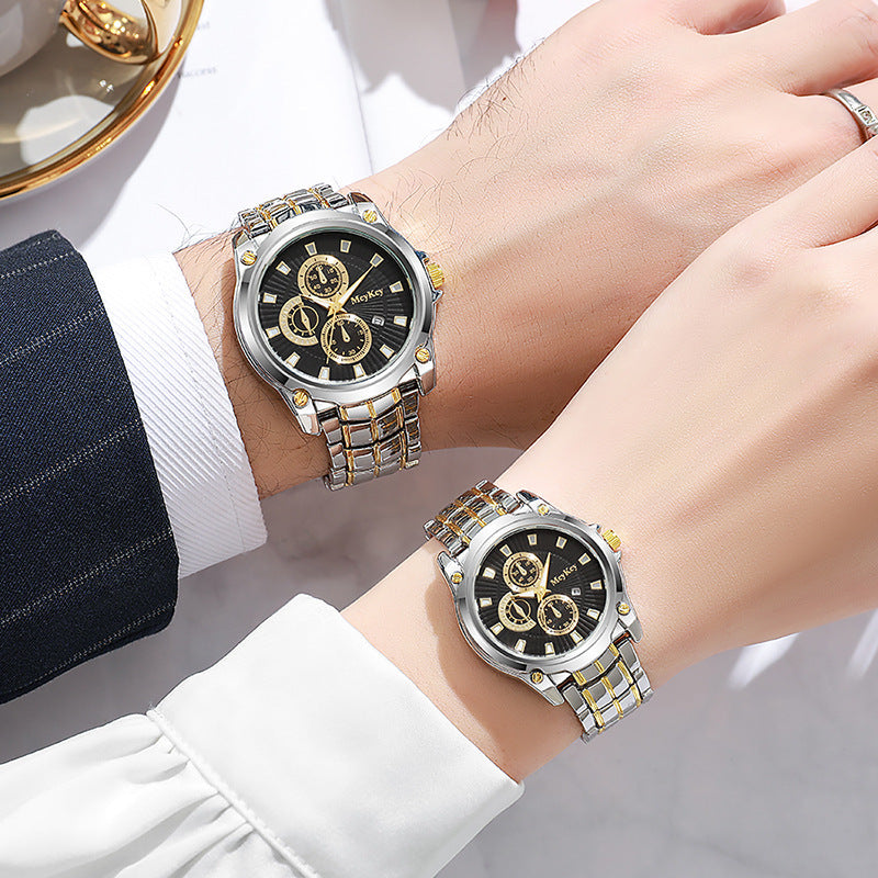 New arrival cross-border alloy couple steel band watch classic business three-eye large dial waterproof quartz watch manufacturer wholesale