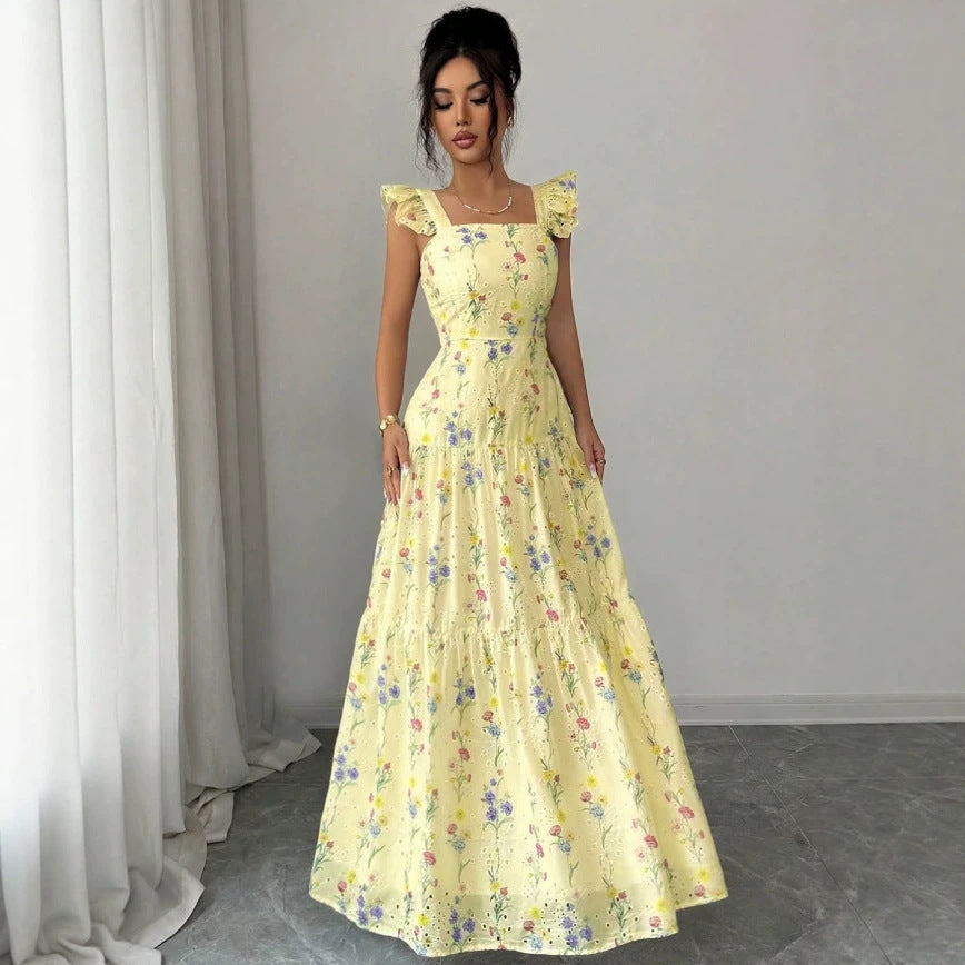 european and american cross-border summer new sweet floral print french style halter neck bodycon dress