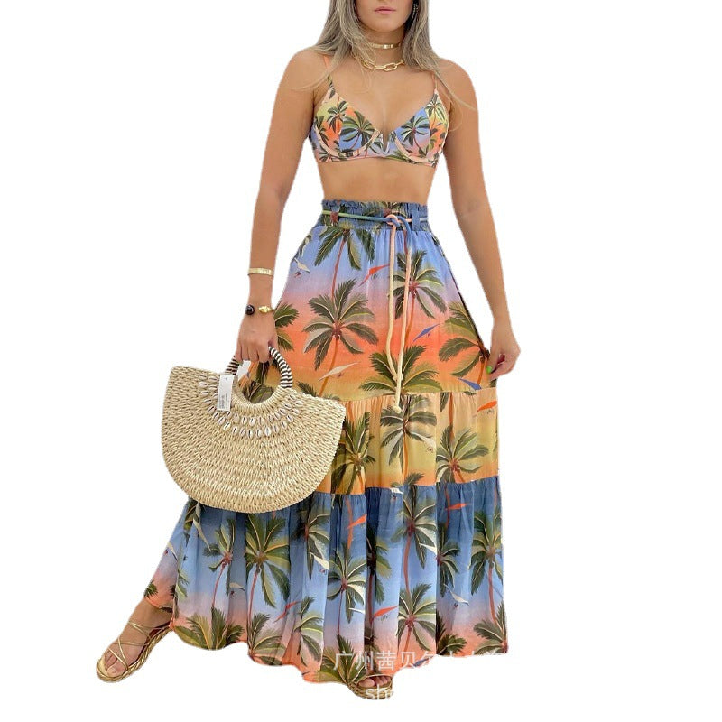 Spot  2022 women's clothing European and American new color tropical printing suspender long skirt set