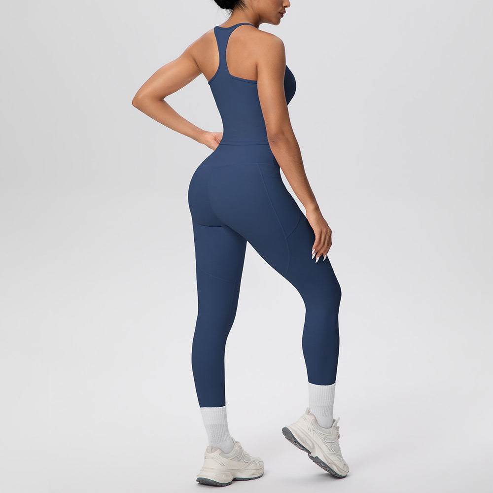 New arrival cross-border brushed back tight i-shaped back flap pocket pants yoga suit sports running fitness two-piece set