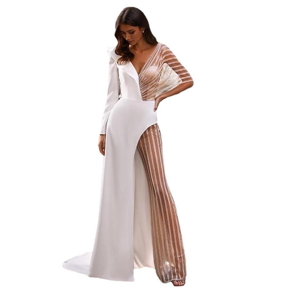 spring new arrivals:  women's clothing - patchwork v-neck lace irregular dress jumpsuit