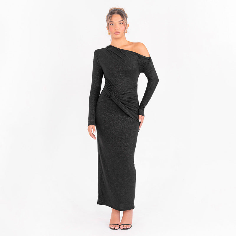 Fall and winternew arrivalfashion style cross-border women's clothing hot-selling fashionsexy shirred oblique shoulder long sleevesilm hip-hugging dress