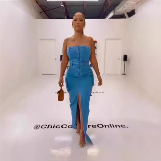's new  European and American women's clothing washed denim jumpsuit dress waist tube top sexy split ends