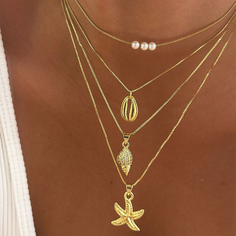 Wholesale seashell necklaces - european & american cross-border jewelry - women's ocean-themed vacation necklaces - conch & starfish layered collarbone chains