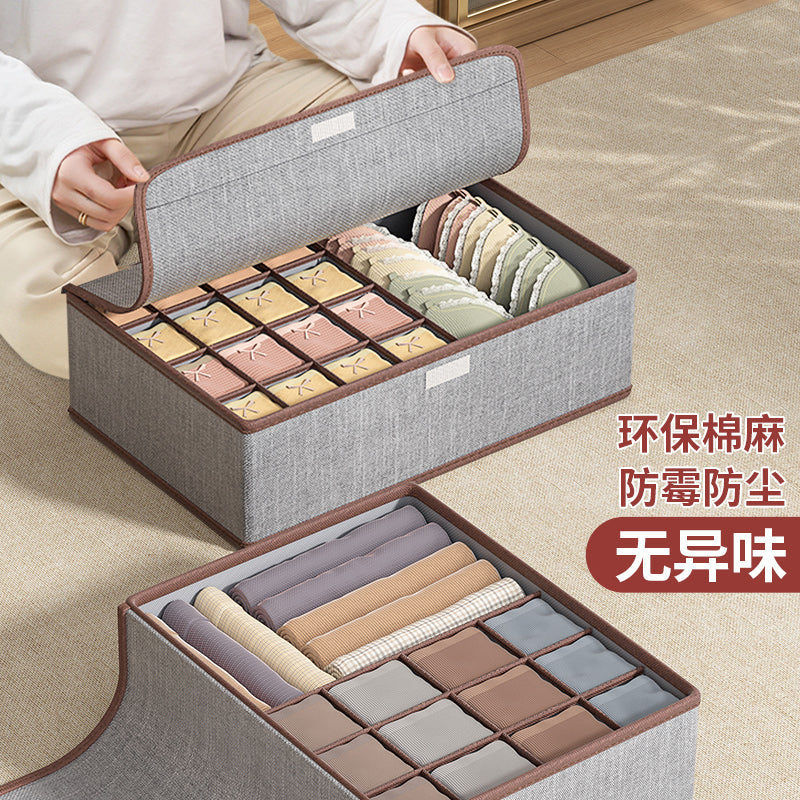 Cotton and linen underwear storage box, home student dormitory socks and underwear three-in-one drawer-type grid finishing artifact